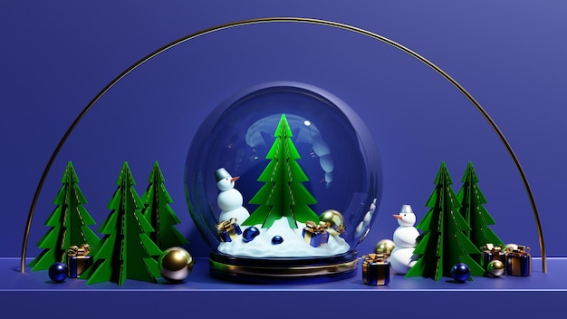 Ilustração 3D de um globo de neve de Natal com uma árvore de Natal, boneco de neve, presentes e decorações para árvores de Natal em um fundo azul. Projeto 3d realista de globo de neve de vidro. Objeto festivo de Natal.