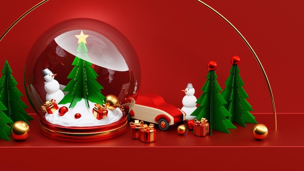 Ilustração 3d de um globo de neve de natal com uma árvore de natal, carro, boneco de neve, presentes e decorações para árvores de natal em um fundo vermelho. projeto 3d realista de globo de neve de vidro. objeto festivo de natal.