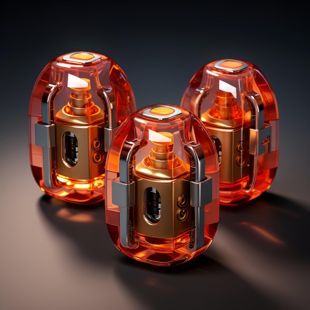 Ilustração 3D de um grupo de lâmpadas LED laranja em um fundo preto