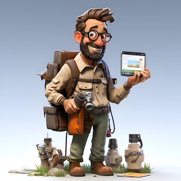 Ilustração 3D de um homem barbudo com uma mochila e um tablet
