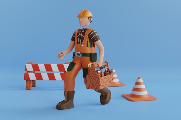 Foto ilustração 3d de um homem carregando uma caixa de ferramentas. trabalhador da construção civil 3d carregando ferramentas de carpintaria