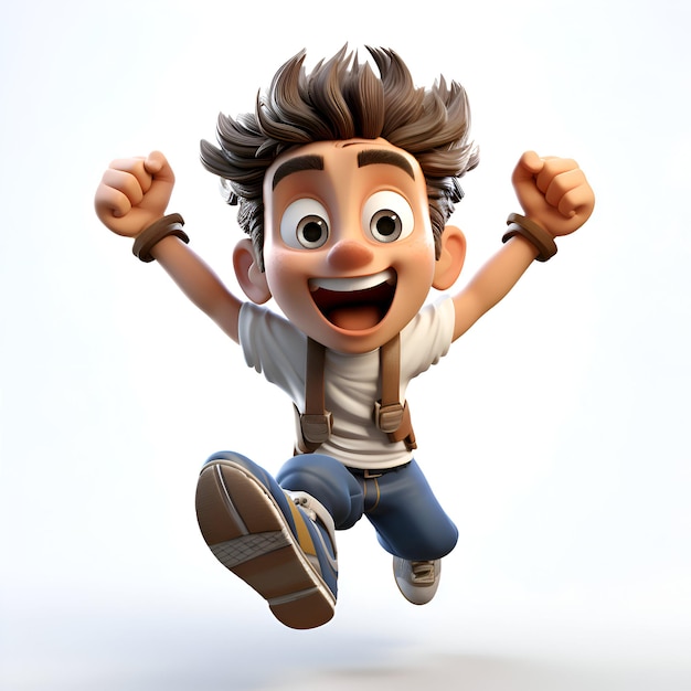Ilustração 3D de um homem casual pulando com os braços levantados e sorrindo