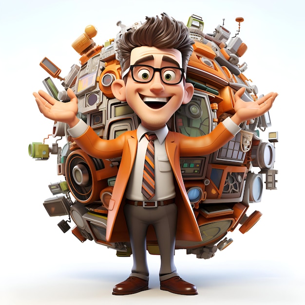 Ilustração 3D de um homem de desenho animado com uma enorme pilha de brinquedos