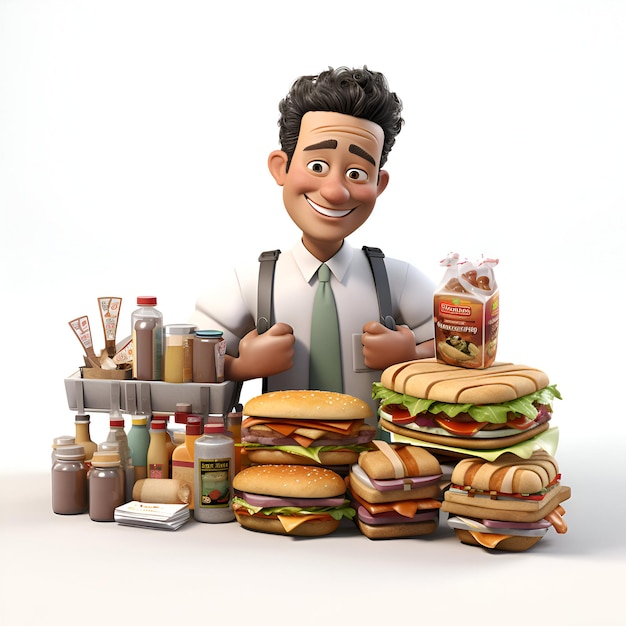 Ilustração 3D de um homem de desenho animado feliz com hambúrguer e comida
