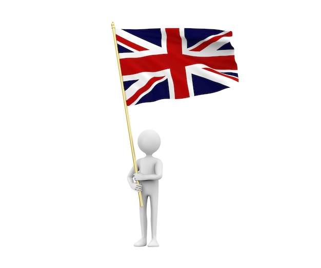 Ilustração 3D de um homem de desenho animado segurando a bandeira do Reino Unido