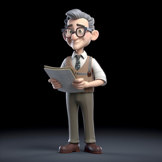 Ilustração 3D de um homem de meia-idade com óculos lendo um jornal