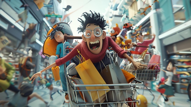 Foto ilustração 3d de um homem fazendo compras com pressa uma cena caótica com pessoas correndo ao redor