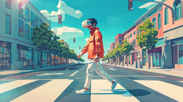 Ilustração 3d de um homem usando um fone de ouvido de realidade virtual enquanto atravessa a rua