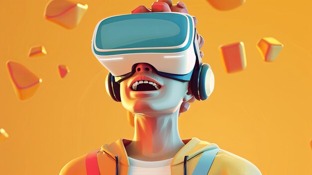 Foto ilustração 3d de um homem usando um fone de ouvido de realidade virtual