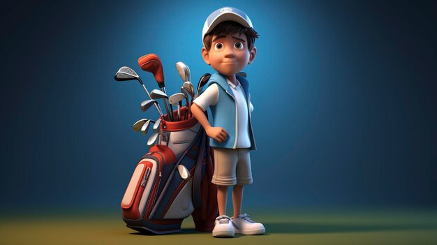 Ilustração 3D de um jogador de golfe de desenho animado com tacos parecendo frustrado no campo