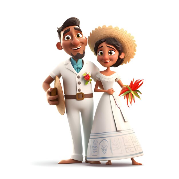 Ilustração 3D de um jovem casal com uma flor nas mãos