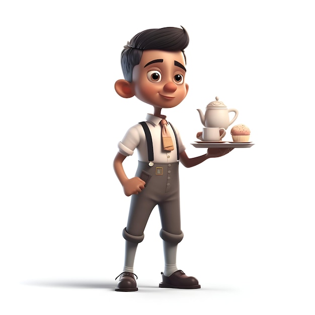 Ilustração 3D de um jovem com uma xícara de café e bolo
