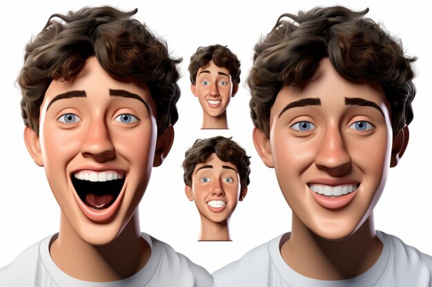 Ilustração 3D de um jovem de cabelo castanho e olhos azuis com expressões felizes e surpresas