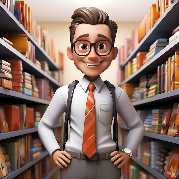 Ilustração 3D de um jovem empresário em uma livraria