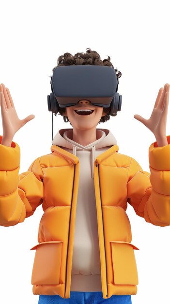 Foto ilustração 3d de um jovem usando um fone de ouvido de realidade virtual e sorrindo