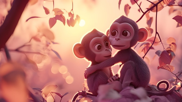 Ilustração 3D de um lindo casal amoroso de macacos