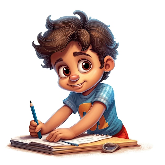 Ilustração 3D de um lindo menino latino de 3 anos escrevendo estilo cartoon AI gerado