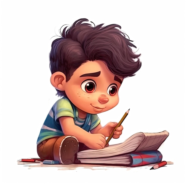 Ilustração 3D de um lindo menino latino de 3 anos escrevendo estilo cartoon AI gerado