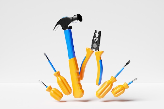 Foto ilustração 3d de um martelo de metal com chaves de fenda de punho amarelo alicate ferramentas manuais isoladas em um fundo branco renderização 3d e ilustração de ferramenta de reparo e instalação