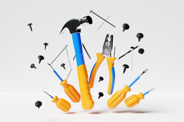 Ilustração 3D de um martelo de metal com um punho amarelo chaves de fenda alicate unhas ferramentas manuais isoladas em um fundo branco renderização 3D e ilustração da ferramenta de reparo e instalação