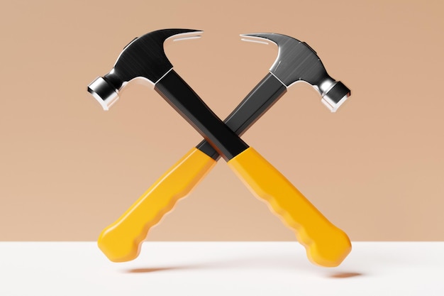 Ilustração 3D de um martelo de metal com uma ferramenta manual de punho amarelo isolada em um fundo bege renderização 3D e ilustração da ferramenta de reparo e instalação