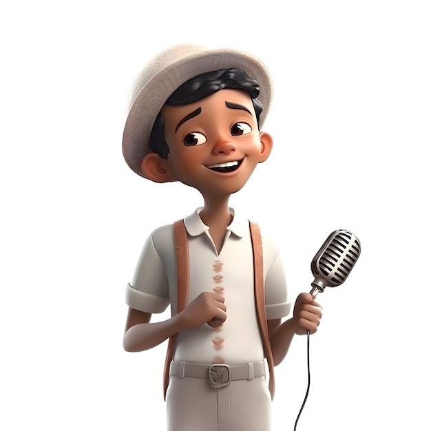 Ilustração 3D de um menino cantando com um microfone isolado em fundo branco