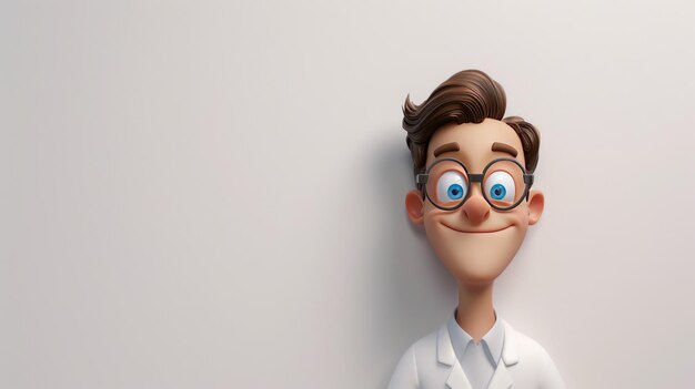 Ilustração 3D de um menino com casaco branco e óculos Doctor avatar