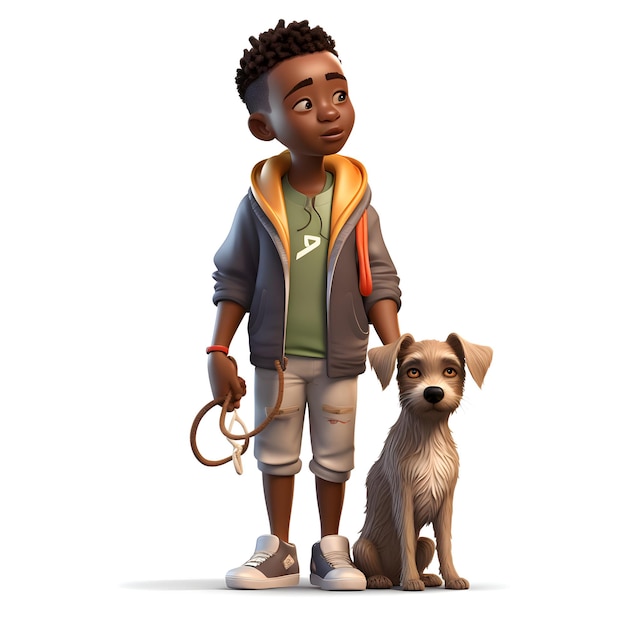 ilustração 3d de um menino com um cachorro em um fundo branco