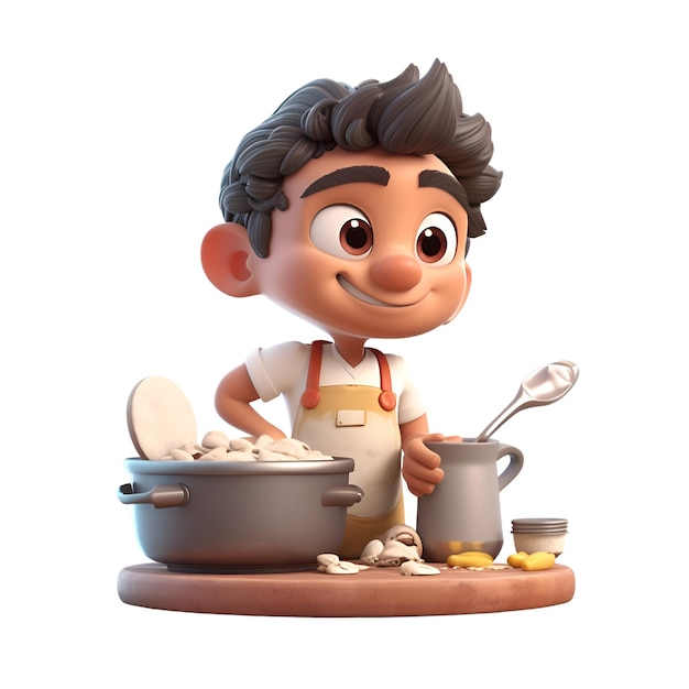Ilustração 3D de um menino com uma panela e uma concha