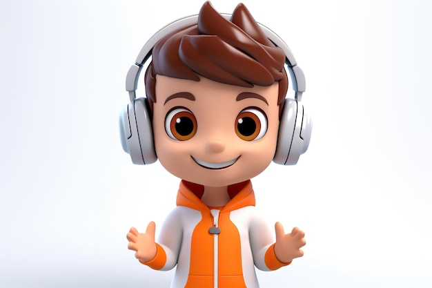 Ilustração 3D de um menino de desenho animado com fones de ouvido em fundo brancox9