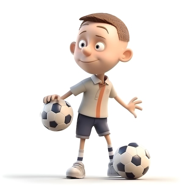 Foto ilustração 3d de um menino jogando futebol com uma bola