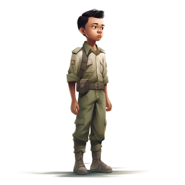 Ilustração 3D de um menino vestindo um uniforme militar verde sobre um fundo branco