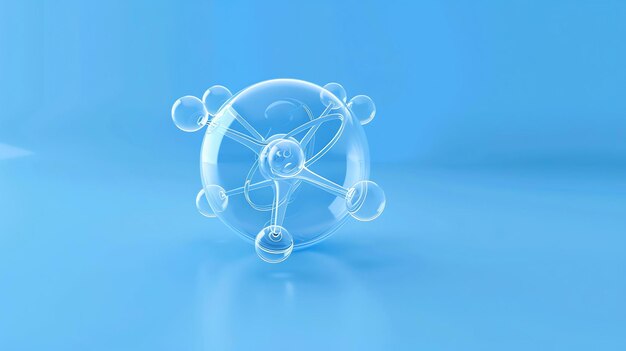 Ilustração 3D de um modelo de molécula com um fundo azul A molécula é composta por um átomo central cercado por seis átomos menores