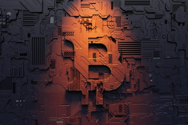 Ilustração 3D de um modelo realista de bitcoin no fundo de um robô ou armadura cibernética preta. Close-up de equipamentos de mineração de bitcoin criptográfico; éter. Placas de vídeo; placas-mãe