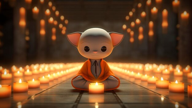 Ilustração 3D de um monge de desenho animado pacífico meditando entre velas