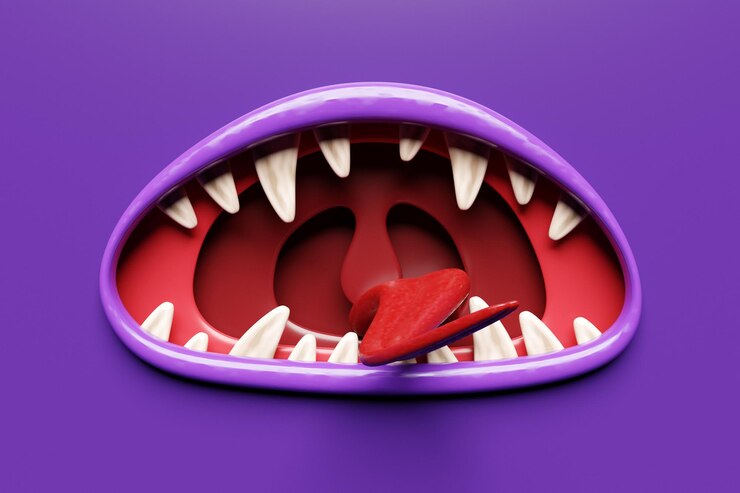 Foto ilustração 3d de um monstro bocas expressão facial engraçada boca aberta com língua e baba