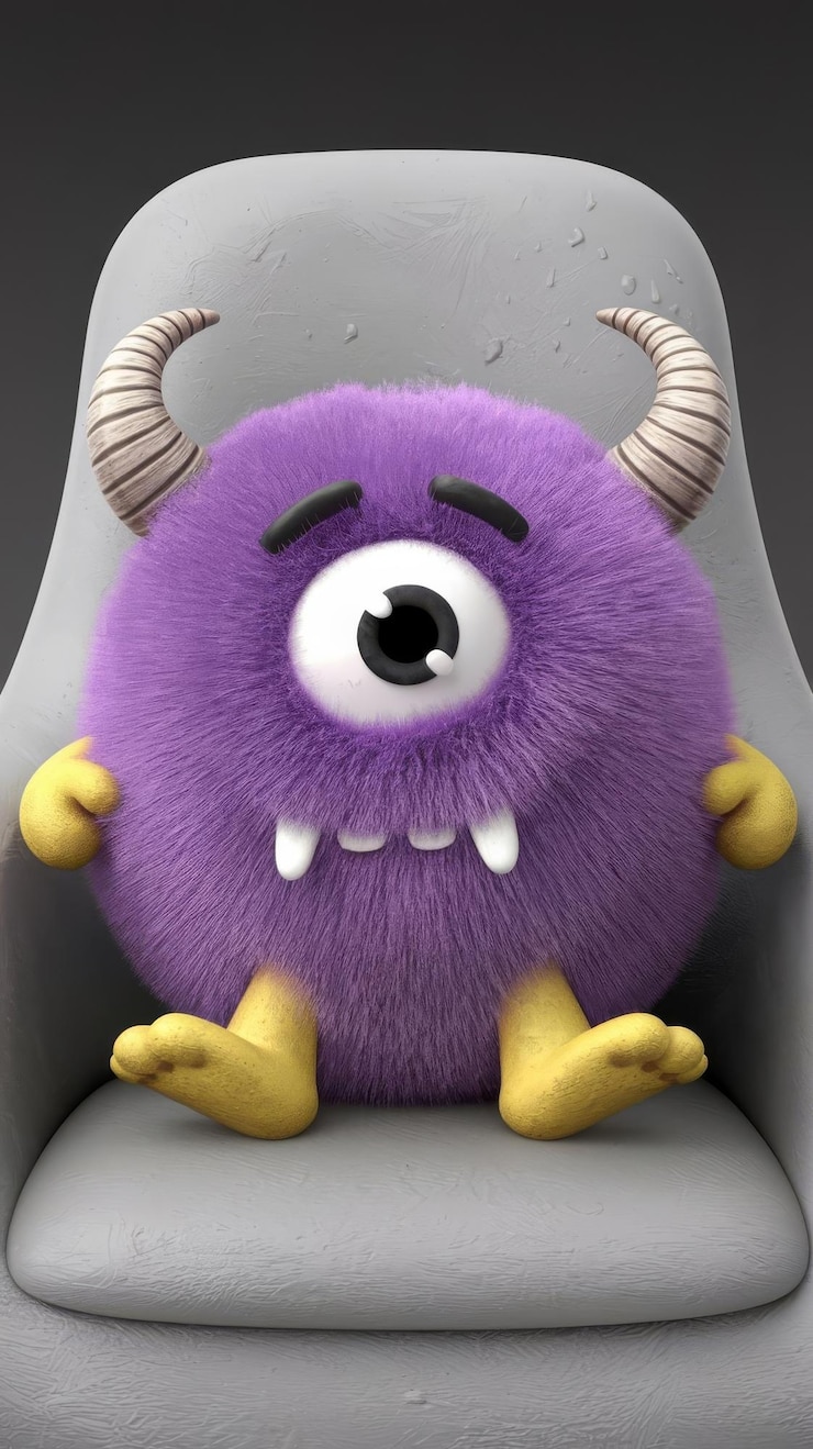 Foto ilustração 3d de um monstro de bola fofa roxa engraçado com chifres em fundo monocromático isolado