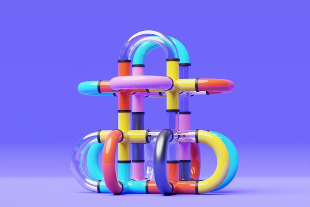 Foto ilustração 3d de um nó colorido em fundo roxo forma fantástica formas geométricas simples