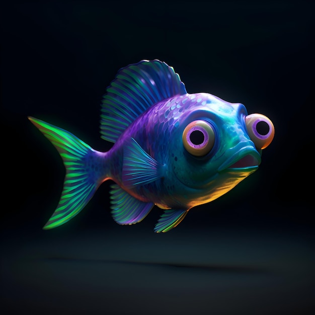 Ilustração 3D de um peixe colorido sobre um fundo preto