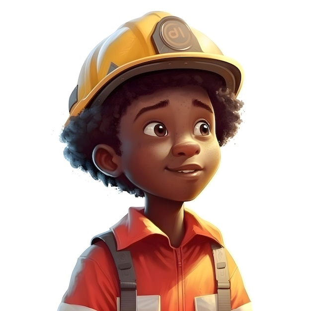 Ilustração 3D de um pequeno menino afro-americano usando um capacete de construção