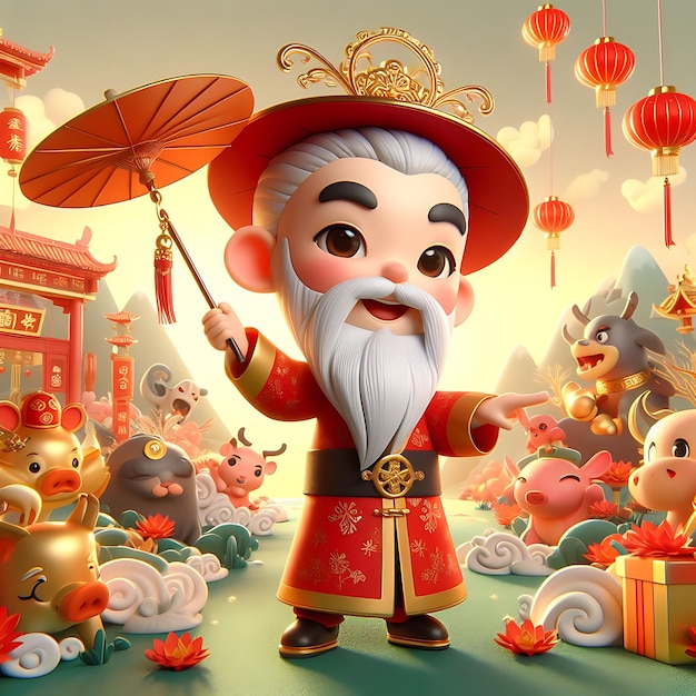 Foto ilustração 3d de um personagem animado para o ano novo chinês