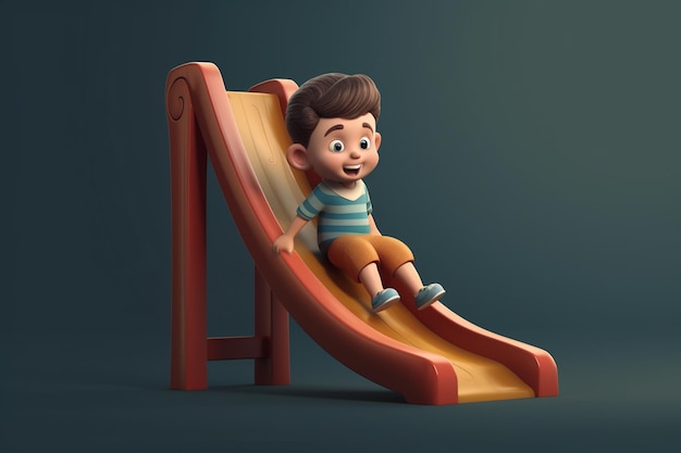 Ilustração 3D de um personagem de desenho animado bonito sentado em um slide