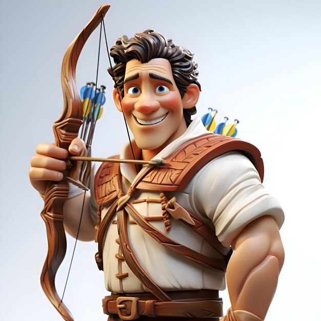 Foto ilustração 3d de um personagem de desenho animado com arco e flecha na mão