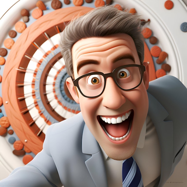 Ilustração 3D de um personagem de desenho animado com óculos e terno azul