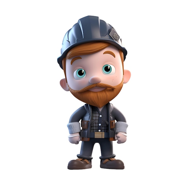 Ilustração 3D de um personagem de desenho animado com um capacete e macacão de trabalho