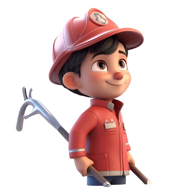 Ilustração 3d de um personagem de desenho animado com um chapéu de bombeiro e uniforme