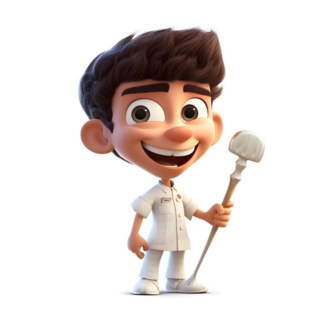 Ilustração 3D de um personagem de desenho animado com um estetoscópio em fundo branco