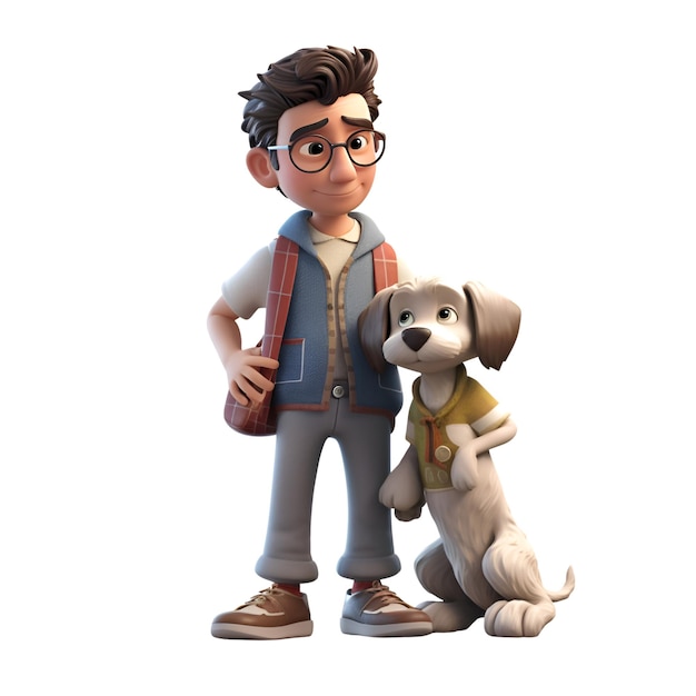 Ilustração 3D de um personagem de desenho animado com uma mochila e um cachorro