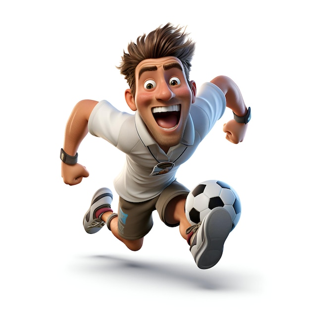 Ilustração 3D de um personagem de desenho animado correndo com uma bola de futebol na mão