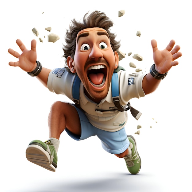 Ilustração 3D de um personagem de desenho animado correndo com uma expressão feliz em seu rosto